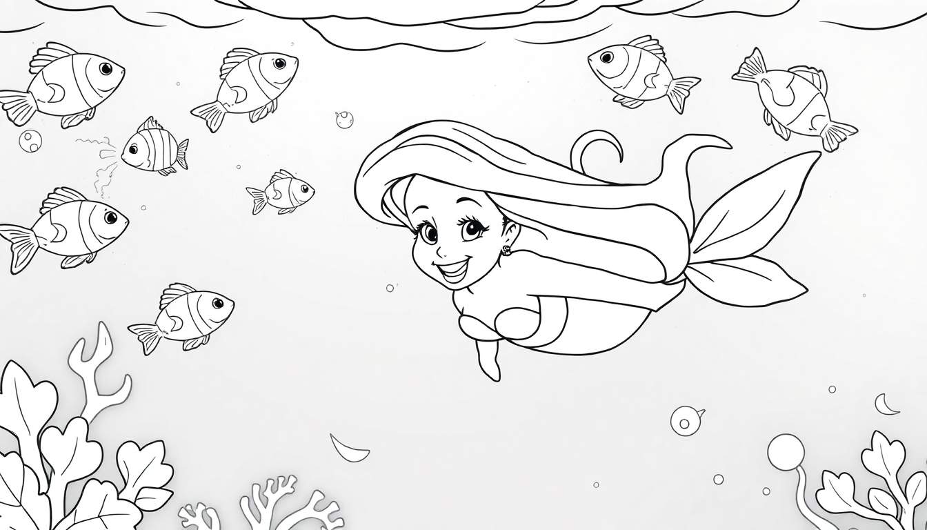 Desenho de contorno de uma sereia sorridente nadando com peixes e plantas marinhas, pronto para colorir.
