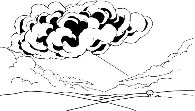 Um desenho a traço linear de um céu com nuvens e uma paisagem de colinas e campos. O color panel é minimalista.