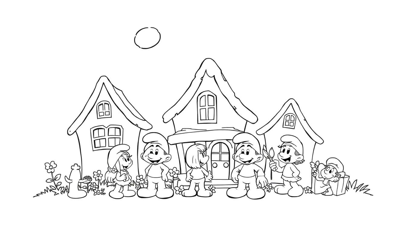 Um desenho em preto e branco dos Smurfs em frente a casas em forma de cogumelo, com uma menina Smurf segurando flores, um menino Smurf alegre com flores, outro menino Smurf de costas, um menino Smurf com um pincel e um Smurf sentado em uma caixa.
