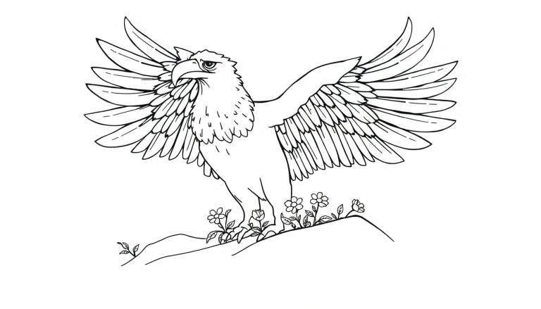 Um desenho em preto e branco de uma águia majestosa com asas abertas, empoleirada em um monte de terra com flores.