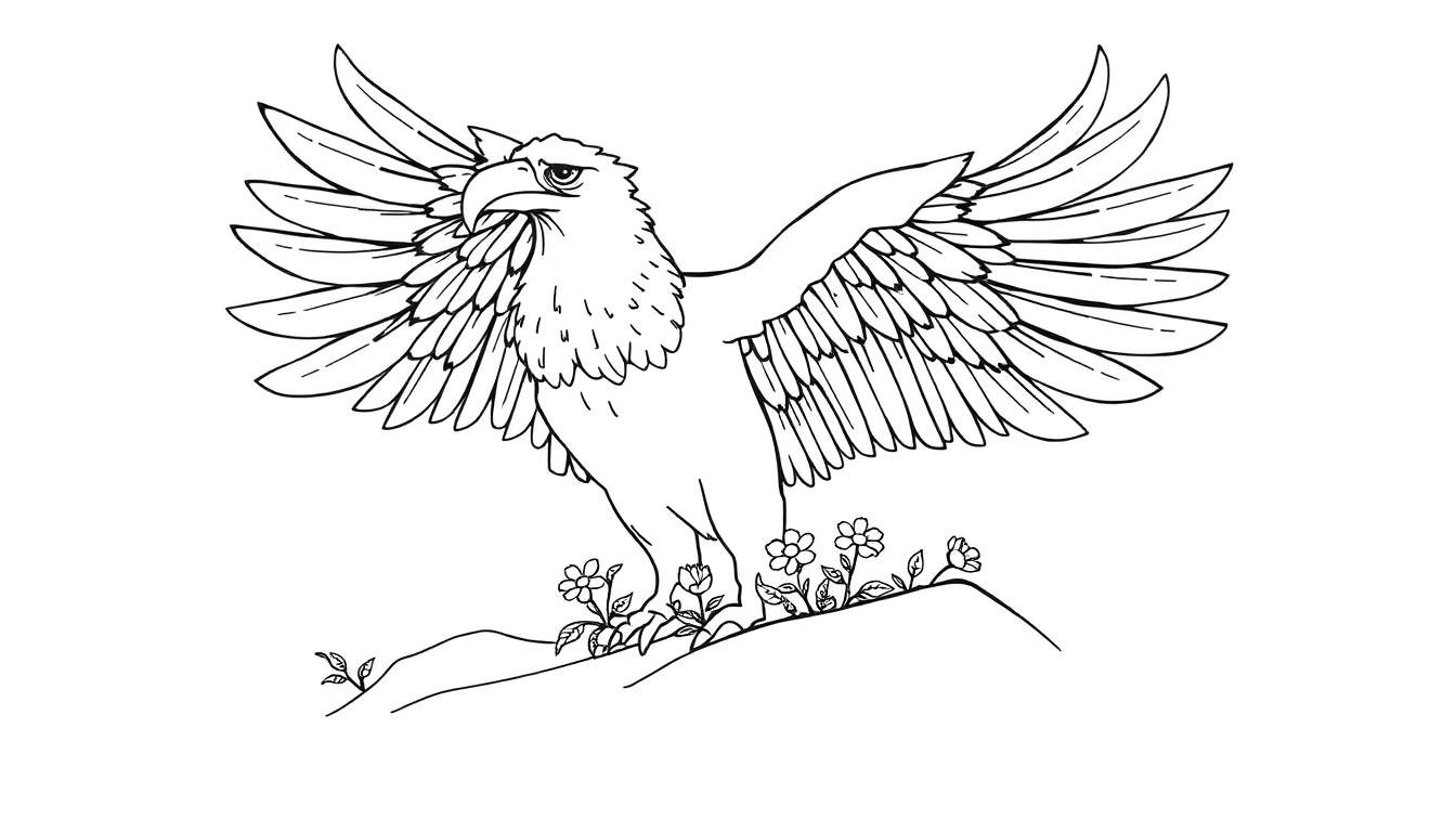 Um desenho em preto e branco de uma águia majestosa com asas abertas, empoleirada em um monte de terra com flores.
