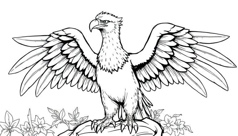 Desenho em preto e branco de uma águia majestosa com asas abertas sobre uma pedra, rodeada de flores.