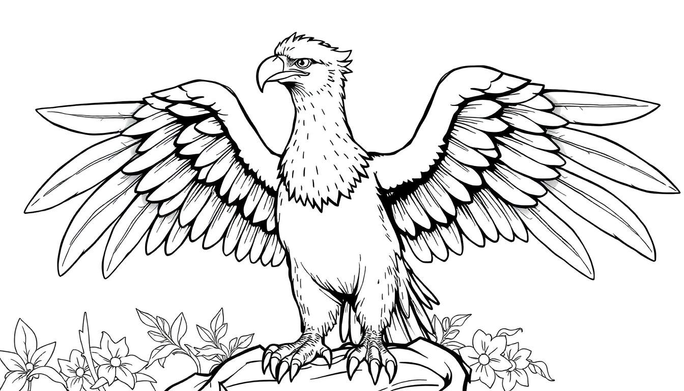 Desenho em preto e branco de uma águia majestosa com asas abertas sobre uma pedra, rodeada de flores.