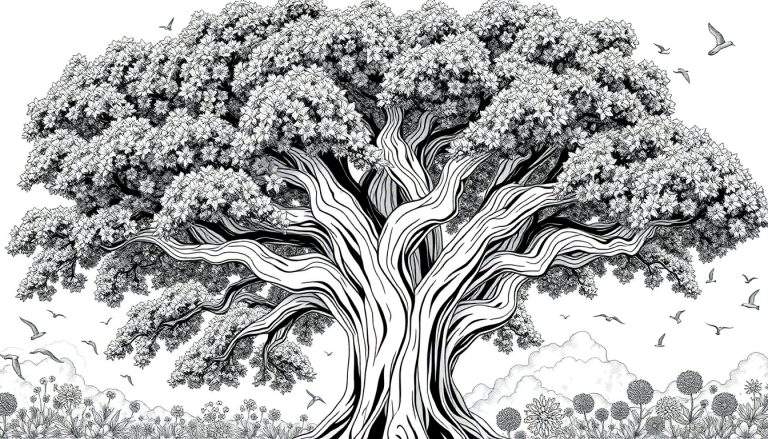 Uma árvore antiga e imponente com pássaros voando e flores caindo, com espaço para colorir.