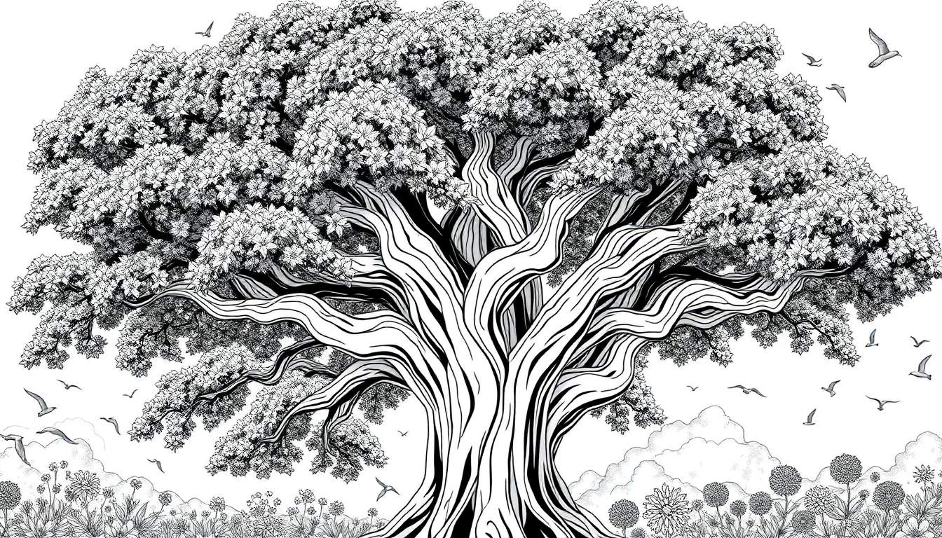 Uma árvore antiga e imponente com pássaros voando e flores caindo, com espaço para colorir.