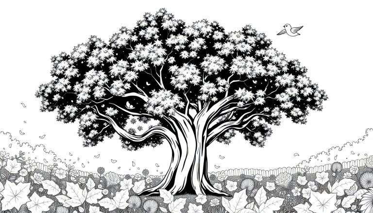 Uma árvore grande e frondosa em preto e branco, com vegetação rasteira, uma cerca ao fundo, borboletas e um pássaro no canto superior direito.