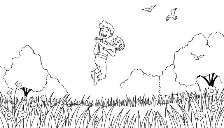 Desenho em preto e branco de um pai e filho a dar um abraço no ar num parque com balões e flores.