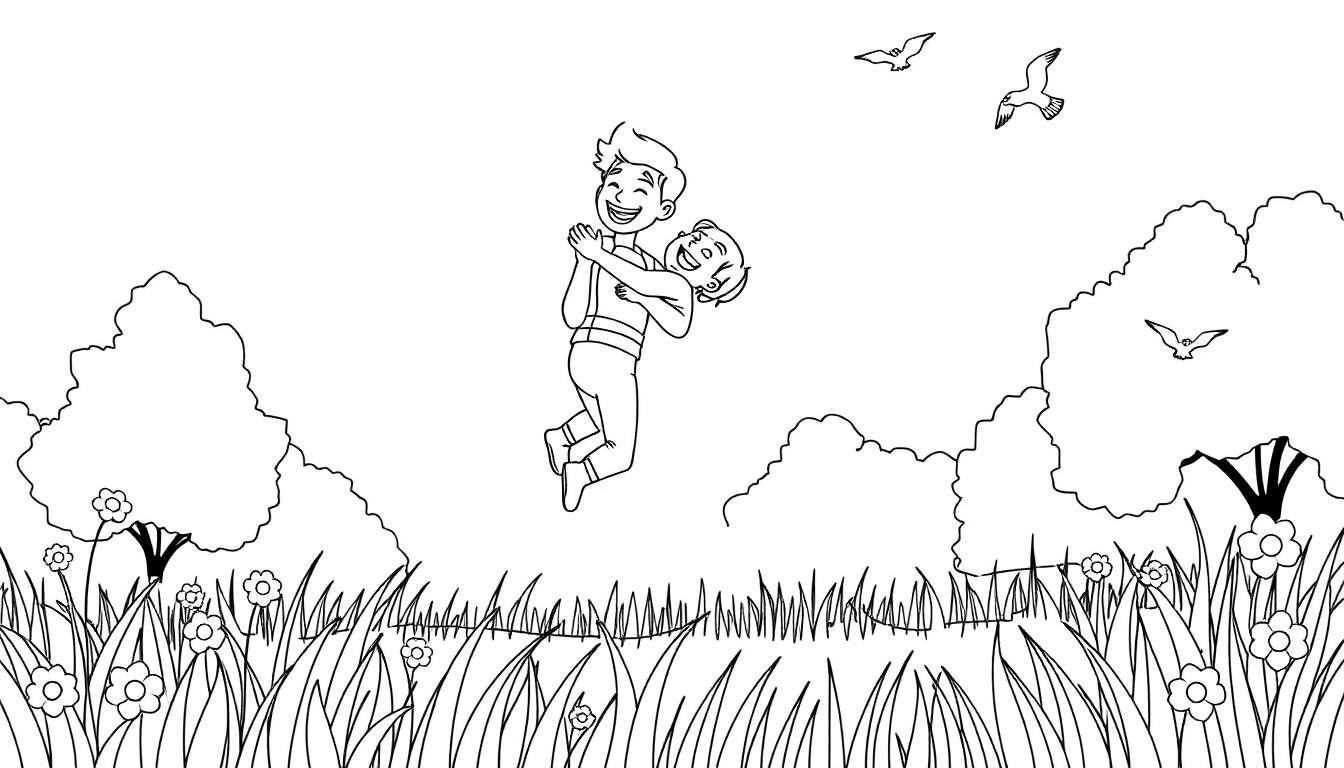 Desenho em preto e branco de um pai e filho a dar um abraço no ar num parque com balões e flores.