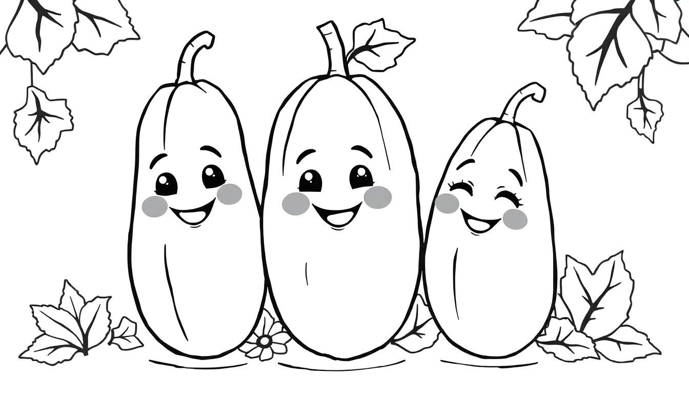Três abóboras de desenho animado sorrindo, rodeadas por folhas de outono, em um color panel.
