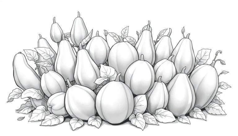 Um grupo de abóboras e folhas desenhadas em preto e branco, em uma composição densa e amontoada.