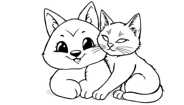 Dois filhotes fofos, um parecido com um cão e outro com um gato, aconchegando-se em um color panel.