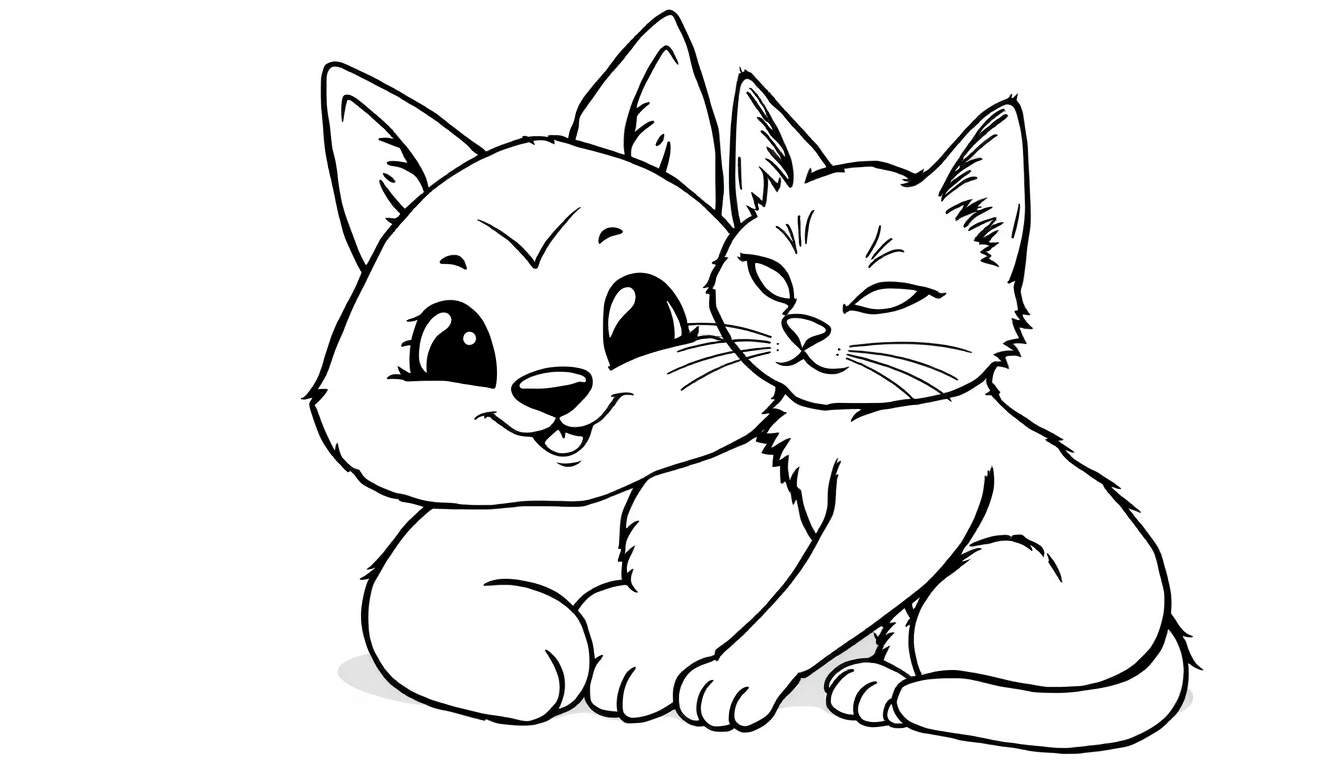 Dois filhotes fofos, um parecido com um cão e outro com um gato, aconchegando-se em um color panel.