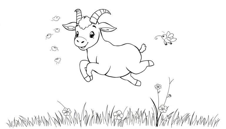 Desenho em preto e branco de uma cabra saltitante com um sorriso em um campo gramado, com borboleta e nuvens.