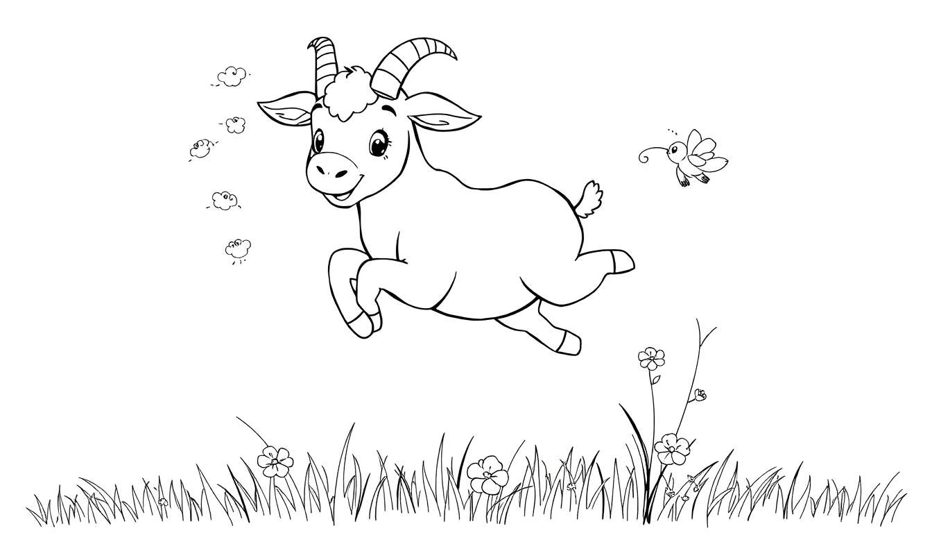 Desenho em preto e branco de uma cabra saltitante com um sorriso em um campo gramado, com borboleta e nuvens.
