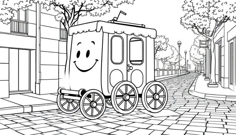 Um color panel de uma carruagem sorridente numa rua de paralelepípedos.