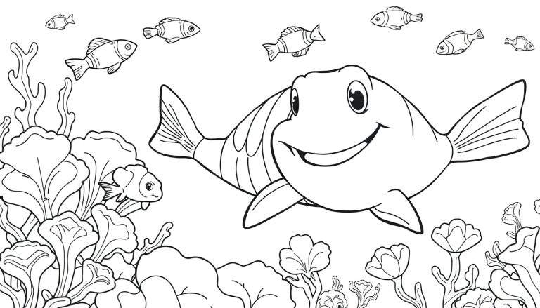 Desenho em preto e branco de um ecossistema subaquático com um grande tubarão sorridente e peixes menores, plantas aquáticas e corais. Perfeito para colorir.