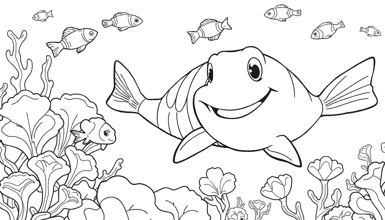 Desenho em preto e branco de um ecossistema subaquático com um grande tubarão sorridente e peixes menores, plantas aquáticas e corais. Perfeito para colorir.