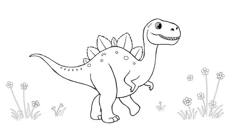 Desenho infantil em preto e branco de um Stegosaurus sorrindo em um campo de flores, estilo color panel.
