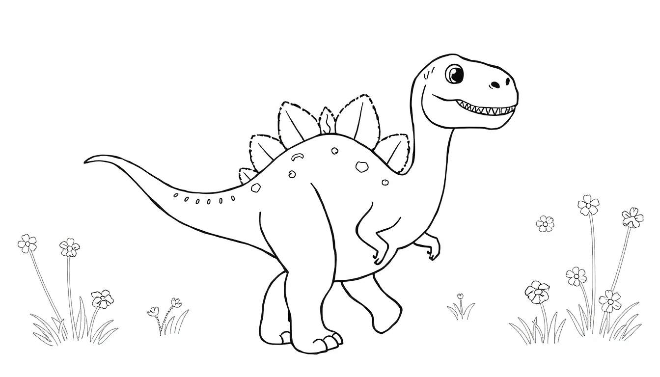 Desenho infantil em preto e branco de um Stegosaurus sorrindo em um campo de flores, estilo color panel.