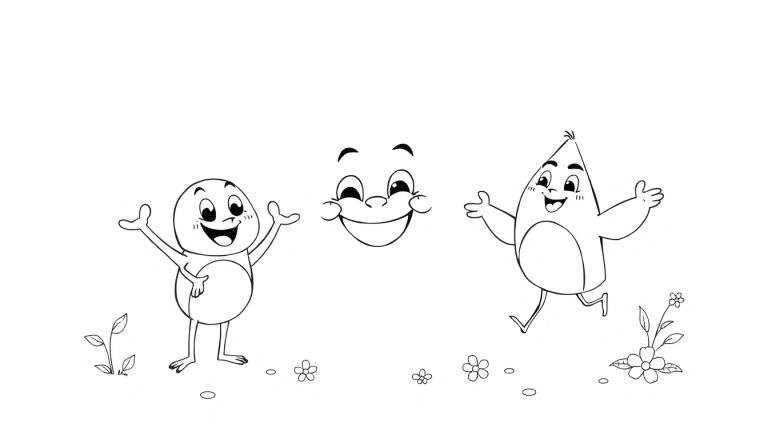 Três personagens sorridentes de desenho animado, um redondo, um rosto e um em forma de gota, com pequenas flores na base, sobre um fundo branco.