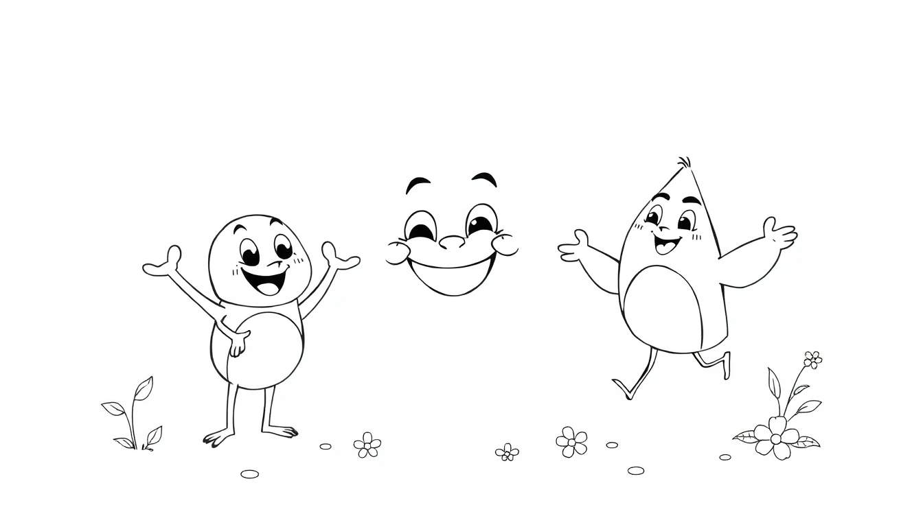 Três personagens sorridentes de desenho animado, um redondo, um rosto e um em forma de gota, com pequenas flores na base, sobre um fundo branco.