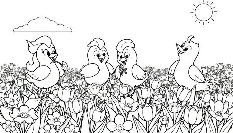 Um color panel de quatro pintinhos em um campo de flores com um sol e uma nuvem.