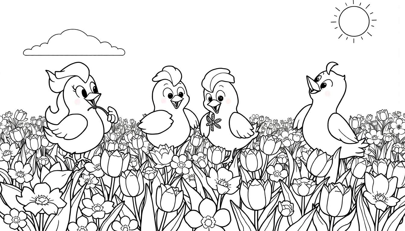 Um color panel de quatro pintinhos em um campo de flores com um sol e uma nuvem.