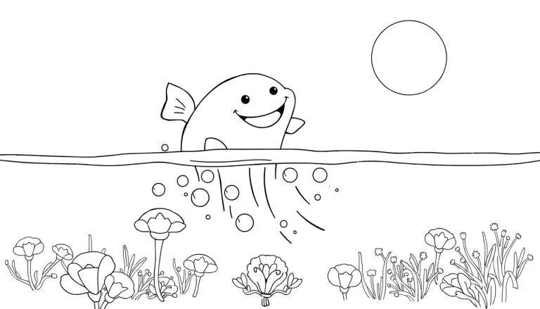 Um desenho a preto e branco de uma foca sorrindo a sair da água com bolhas à sua volta, por baixo de um sol, rodeada de flores e plantas. Color panel.