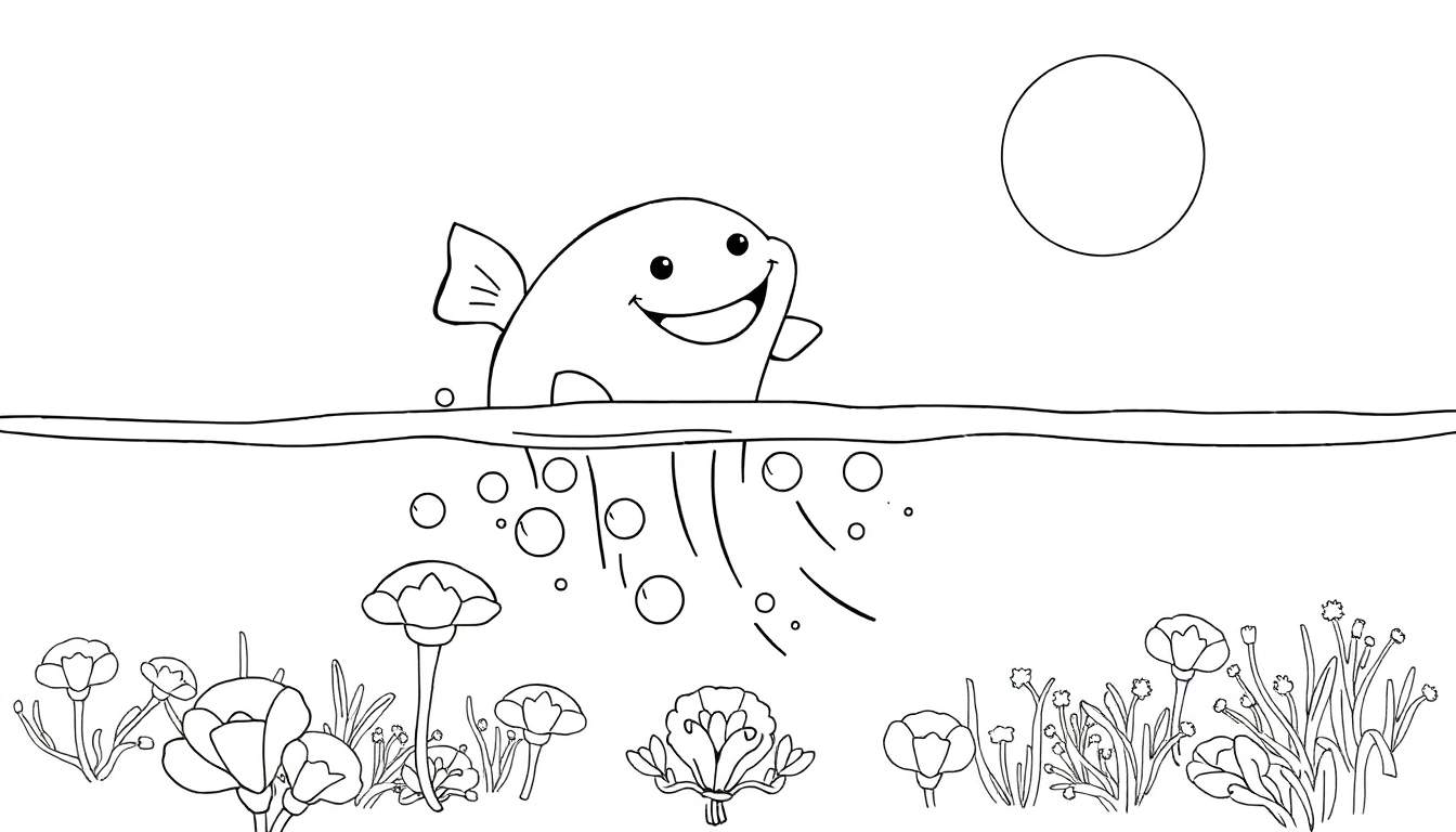 Um desenho a preto e branco de uma foca sorrindo a sair da água com bolhas à sua volta, por baixo de um sol, rodeada de flores e plantas. Color panel.