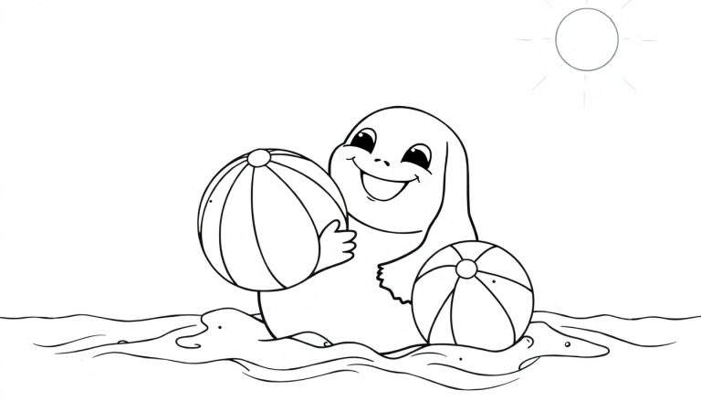 Uma foca sorridente em um color panel segurando uma bola listrada.