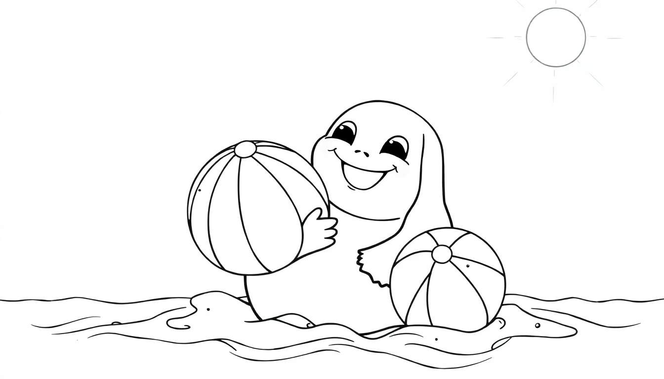 Uma foca sorridente em um color panel segurando uma bola listrada.