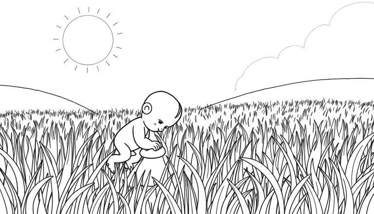 Um bebê fofo engatinhando em um campo gramado, com sol e nuvens ao fundo, pronto para colorir em um color panel.