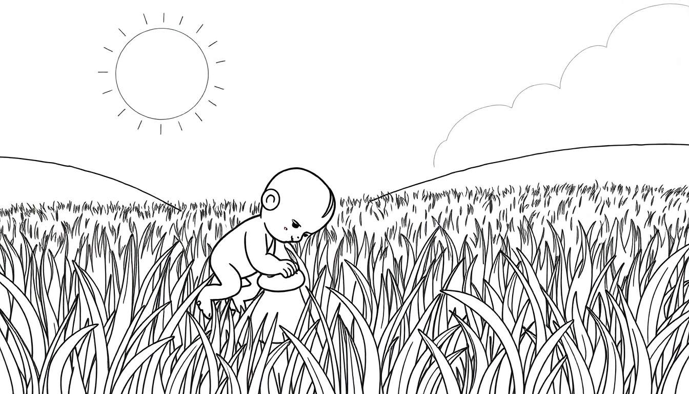 Um bebê fofo engatinhando em um campo gramado, com sol e nuvens ao fundo, pronto para colorir em um color panel.