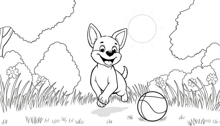 Um cachorrinho feliz com orelhas pontudas corre em direção ao espectador, perseguindo uma bola de basquete em um gramado ensolarado. Há árvores e um sol brilhante no fundo. Este color panel captura a alegria de brincar ao ar livre.