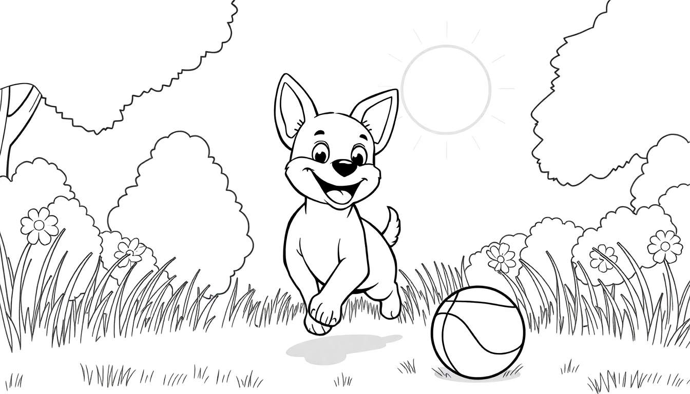 Um cachorrinho feliz com orelhas pontudas corre em direção ao espectador, perseguindo uma bola de basquete em um gramado ensolarado. Há árvores e um sol brilhante no fundo. Este color panel captura a alegria de brincar ao ar livre.