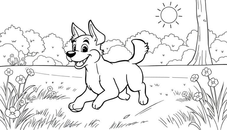 Um cão feliz a correr num campo com flores, árvores e um sol brilhante.