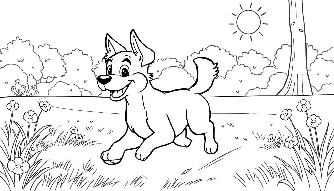 Um cão feliz a correr num campo com flores, árvores e um sol brilhante.