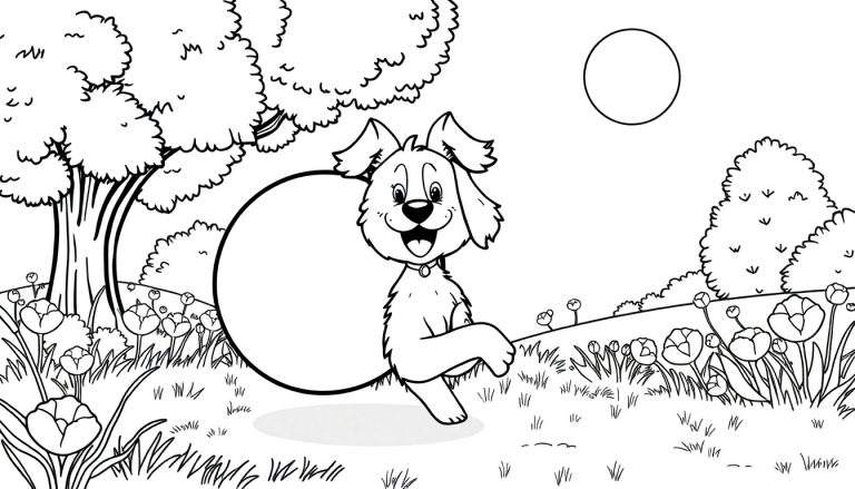 Um cãozinho feliz em um color panel de campo florido, pronto para ser colorido.