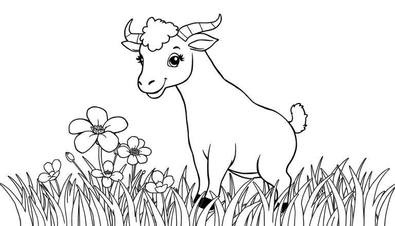 Desenho em preto e branco de uma cabra simpática em um campo com flores e grama alta. Color panel.