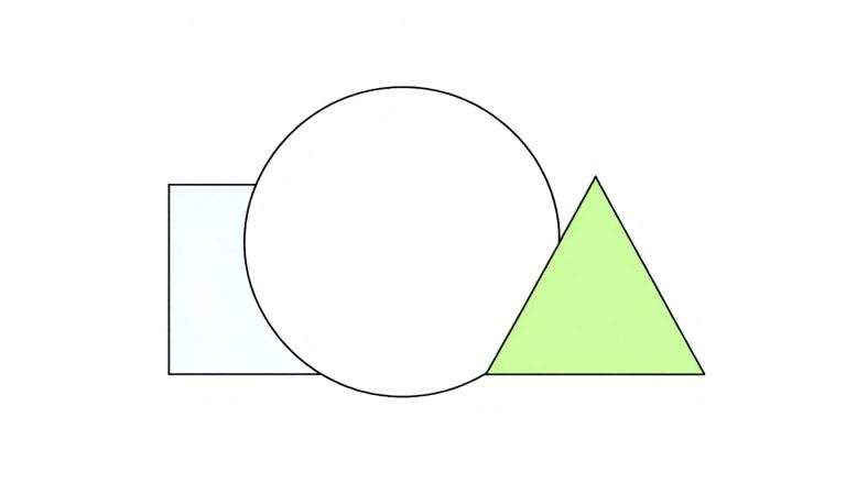 Um quadrado azul, um círculo branco e um triângulo verde sobrepostos em um fundo branco, como um painel de cores.