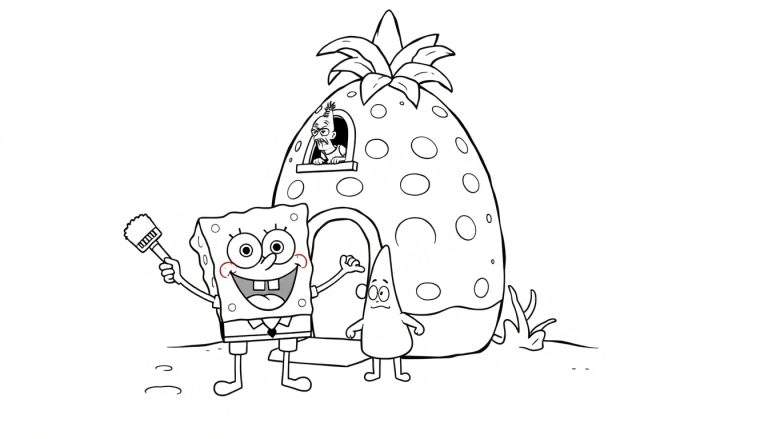 Bob Esponja e Patrick segurando um pincel perto do abacaxi de Bob Esponja, com Lula Molusco na janela.