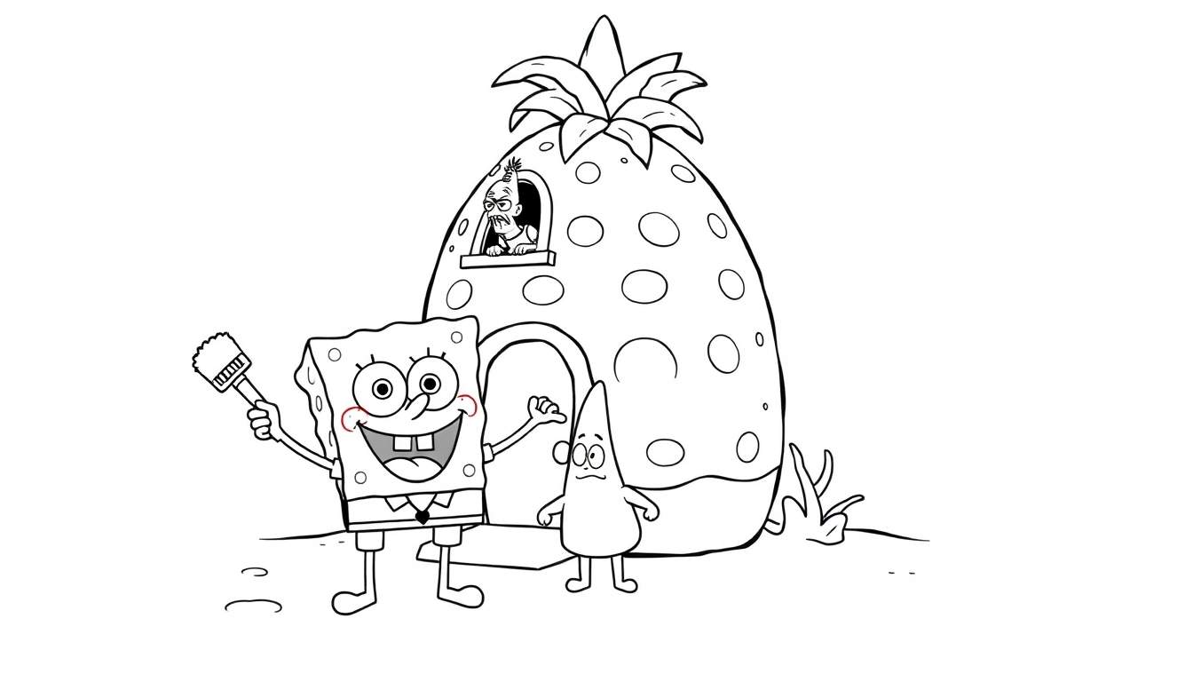 Bob Esponja e Patrick segurando um pincel perto do abacaxi de Bob Esponja, com Lula Molusco na janela.