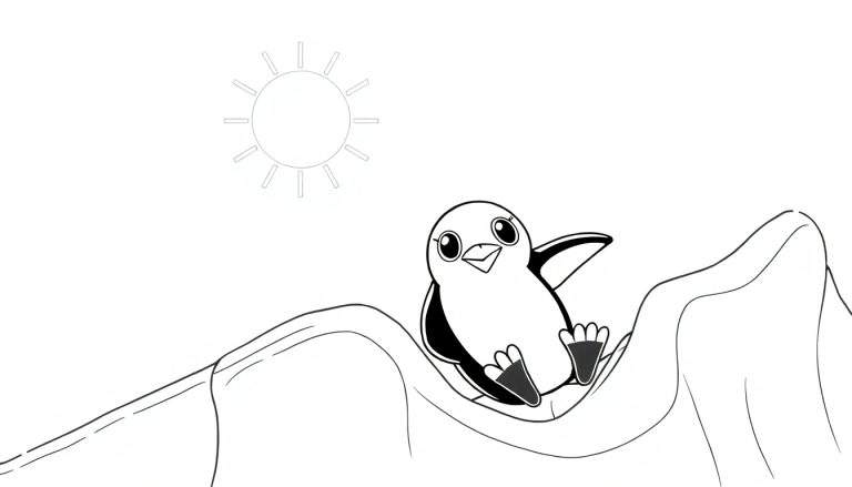 Pinguim fofo em preto e branco em uma superfície de gelo com sol.