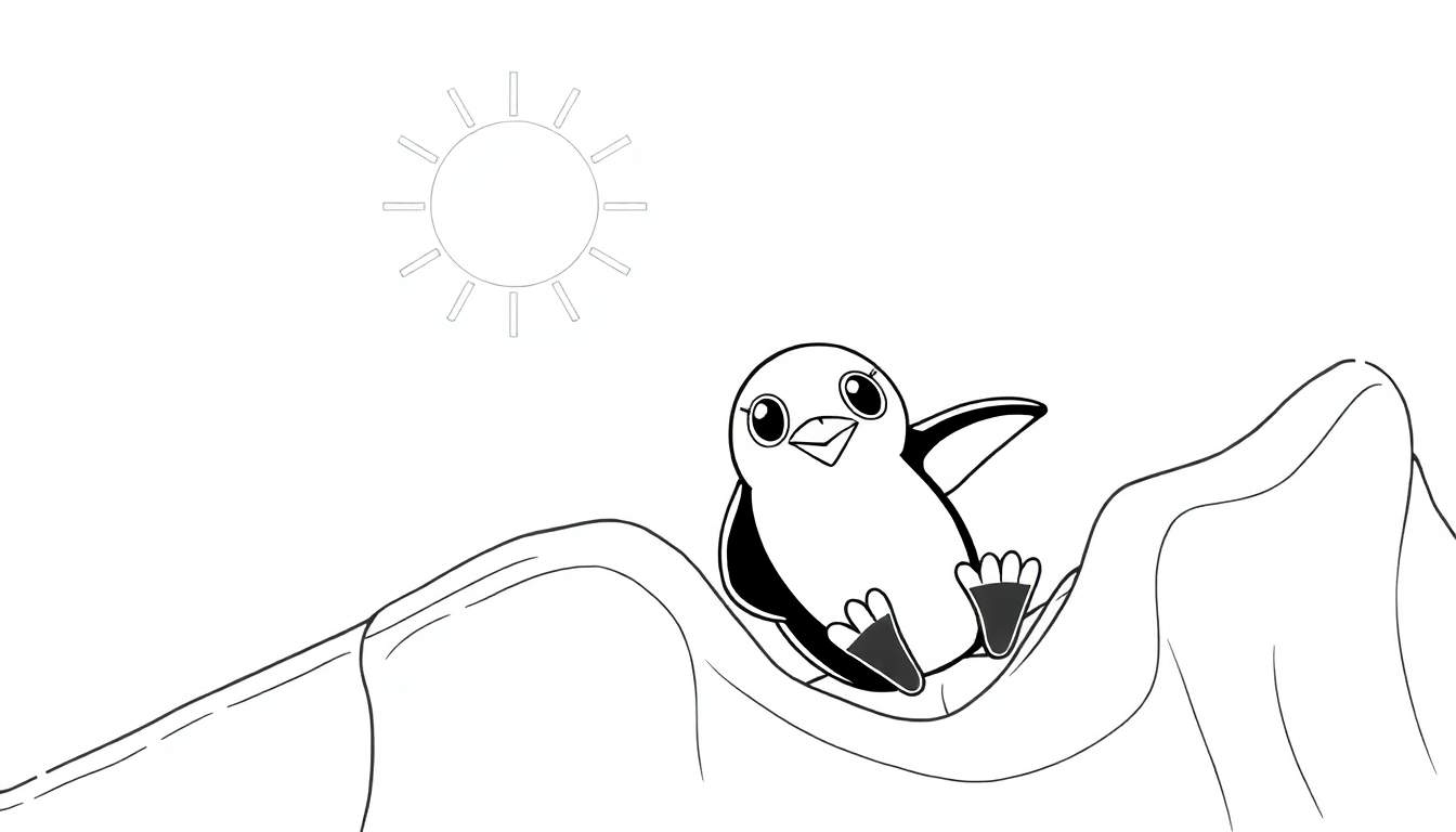 Pinguim fofo em preto e branco em uma superfície de gelo com sol.