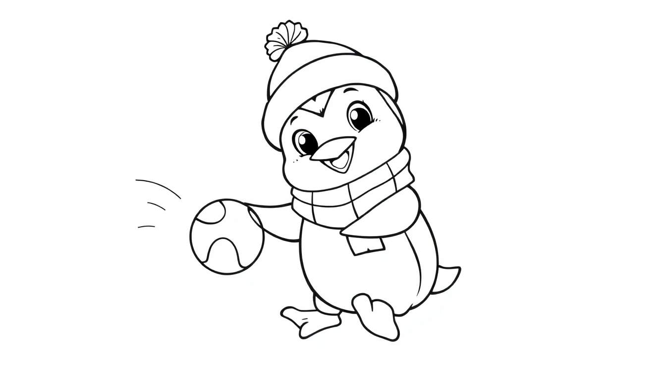Pinguim feliz desenhado em estilo de página para colorir, usando um gorro e cachecol, pronto para jogar uma bola.