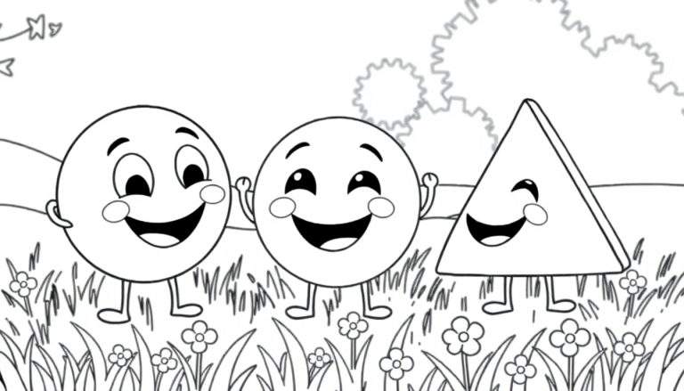 Um círculo, um quadrado e um triângulo sorridentes em um campo florido, prontos para serem coloridos.