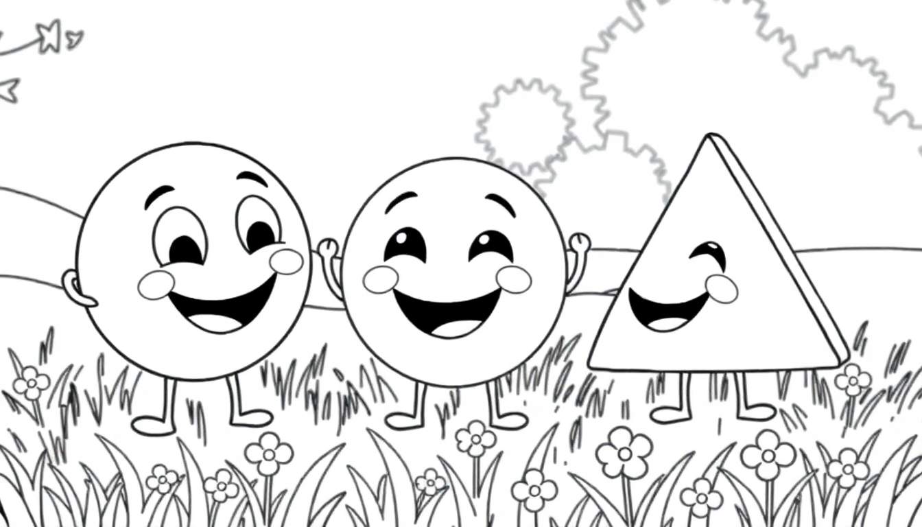 Um círculo, um quadrado e um triângulo sorridentes em um campo florido, prontos para serem coloridos.