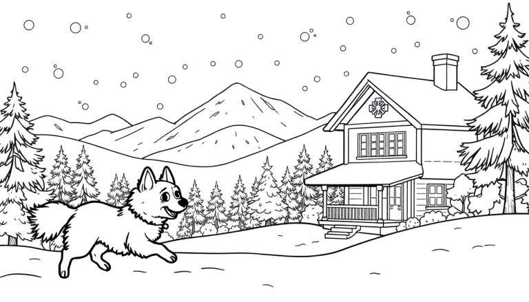 Um cão feliz a correr na neve em frente a uma casa de inverno, com montanhas e flocos de neve. Color panel.