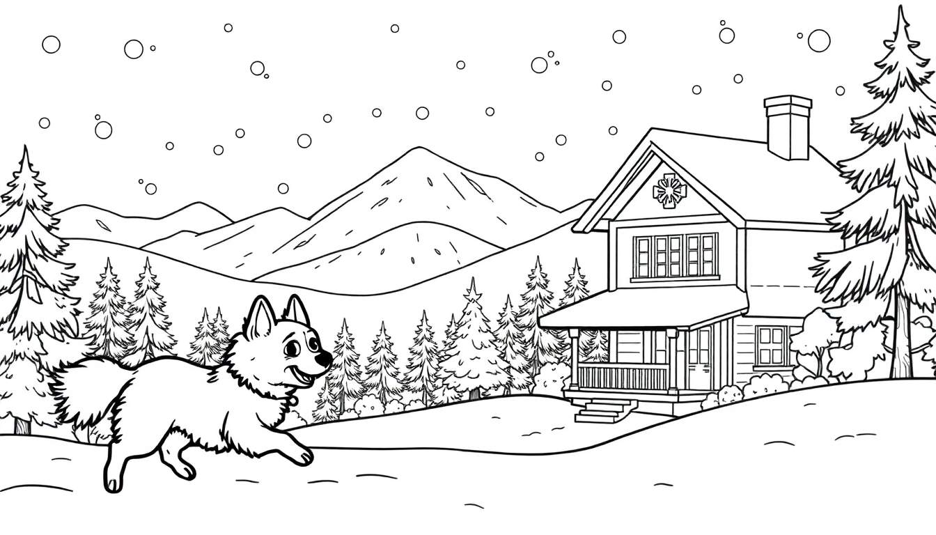 Um cão feliz a correr na neve em frente a uma casa de inverno, com montanhas e flocos de neve. Color panel.