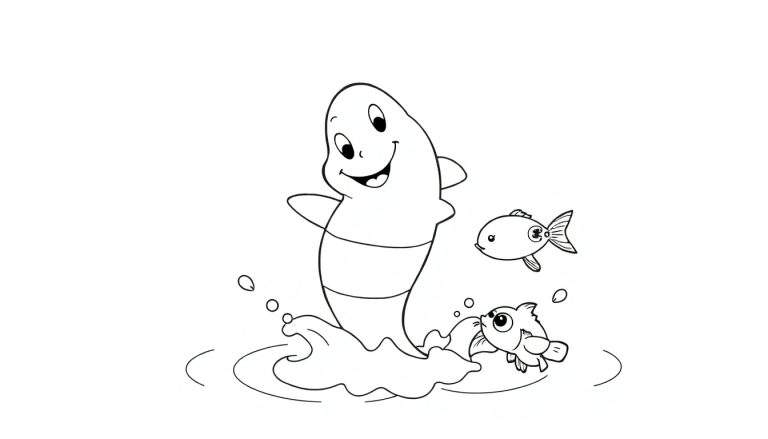 Um desenho em preto e branco de um golfinho sorridente pulando para fora da água, cercado por respingos e dois peixes curiosos. O design é infantil, com linhas simples e uma sensação de alegria.